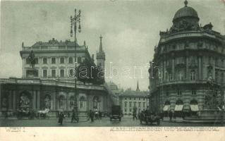 Vienna, Wien; Albrechtsbrunnen und Mozartdenkmal / fountain, statue, automobile (EK)