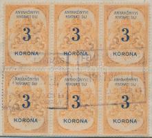 1898 Budapest anyakönyvi bélyeg 3K hatostömb (150.000) / Budapest registry fee stamp 3K block of 6
