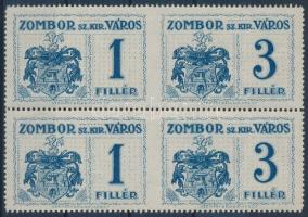 1914 Zombor városi okmánybélyeg 1f + 3f középen függőlegesen fogazatlan négyestömb (80.000) / Zombor 1f + 3f vertically imperforate block of 4