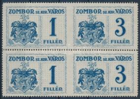 1914 Zombor városi okmánybélyeg 1f + 3f középen függőlegesen fogazatlan négyestömb (80.000) / Zombor 1f + 3f vertically imperforate block of 4