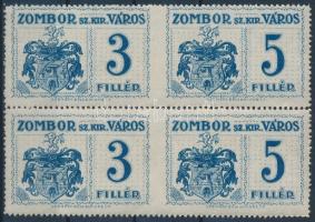 1914 Zombor városi okmánybélyeg 3f + 5f középen függőlegesen fogazatlan négyestömb (75.000) / Zombor 3f + 5f vertically imperforate block of 4