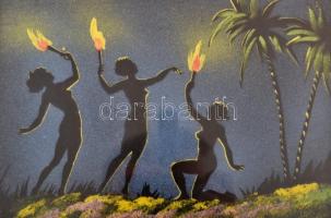 2 db. Éjszakai a trópusok, tempera, selyem, jelzetlen, fa keretben, 22x27 cm