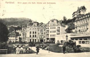 Karlovy Vary, Karlsbad; Kath. Kirche, Schildplatz, Hotel Gold Schild, Cafe Helenenhof / church, square, hotel, cafe, shop of Berta Lang