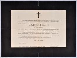 1930 Gödölle Ferenc D.G.T. főkapitány gyászjelentése, postán futott, hajtás mentés kis szakadással, 22x30cm