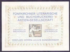 cca 1930 Fünfkircherner Literarische und Buchdruckerei aktien-Gesellschaft, nyomtatvány, 10x14cm