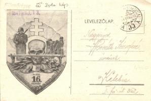 1941 A m. kir. 16 .honvéd határvadász üteg grafikai képeslapja / greeting card of the WWII Hungarian homeguard border patrol artillery (EB)