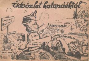 Üdvözlet katonáéktól! II. világháborús katonai grafikai lap Pesti Újsággal, kézzel rajzolt / WWII Hungarian military graphic postcard, hand-drawn (b)