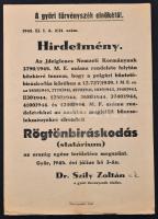 1945 Győri Törvényszék hirdetménye az országban fennálló statárium megszüntetésérről, 29x21cm