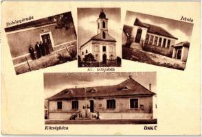 Öskü, Községháza, iskola, római katolikus templom, dohányáruda (ázott sarok / wet corner)