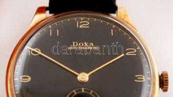 Arany (Au) 18K Doxa Anti-Magnetic mechanikus karóra, fekete számlappal, bőr szíjjal, jelzés nélkül, ...