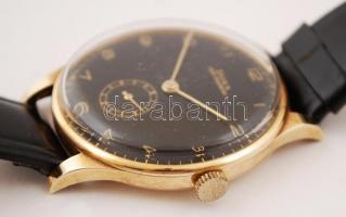 Arany (Au) 18K Doxa Anti-Magnetic mechanikus karóra, fekete számlappal, bőr szíjjal, jelzés nélkül, ...