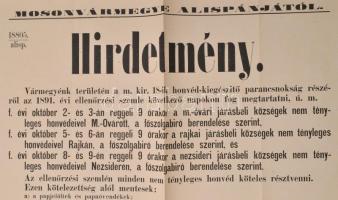 1891 Hirdetmény katonai ellenörző szemléről kiadva Moson vármegye alispánja által, jó állapotban, 68...