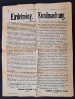 1874 Hirdetmény Moson vármegye alispánjától fegyvertartási engedélyek kiadásának tárgyában, 2 nyelvű, kis szakadással, 54x42cm