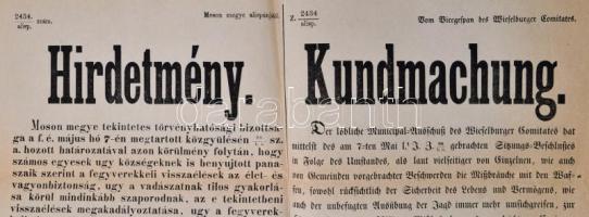 1874 Hirdetmény Moson vármegye alispánjától fegyvertartási engedélyek kiadásának tárgyában, 2 nyelvű...