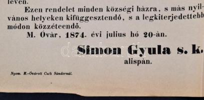 1874 Hirdetmény Moson vármegye alispánjától fegyvertartási engedélyek kiadásának tárgyában, 2 nyelvű...
