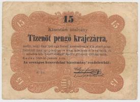 1849. 15kr Kossuth bankó T:III,III- szakadás Adamo G102