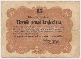 1849. 15kr "Kossuth bankó" T:III,III- szakadás Adamo G102