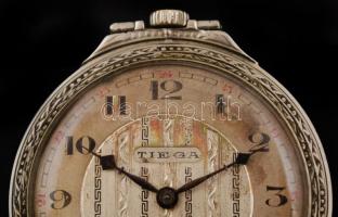 Szecesziós díszítésű, másodpercmutatós fém Tiega  zsebóra, működik, bruttó: 45.9 gr. /
Art-nouveau ...