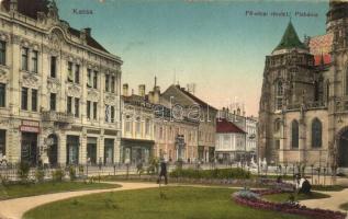 Kassa, Kosice; Fő utca, Plébánia, Engel Jakab cipő raktára, Fodor Juliska üzlete / main street, shops (EK)