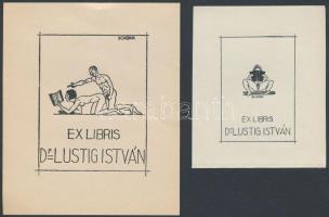 Schorr Tibor (?-?): 2 db pornográf ex libris, Dr. Lustig István. Klisé, papír, jelzett a klisén, 7,5×6, 5,5×4 cm