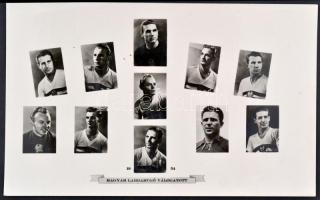 Buzánszky, Grosics, Szepesi György, az Aranycsapat tagjainak aláírása csapaatot ábrázoló cca 1955-ös...