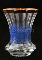 cca 1860 Emlékpohár, formába fúvott, hámozott üveg, csiszolt, zománc festett, aranyozott peremmel, e...