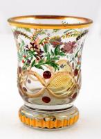 cca 1860 Kothgasser stílusú emlékpohár, formába fúvott üveg, csiszolt, zománc festett, aranyozott peremmel, m:11cm / circa 1860 Kothgasser style glass, mold blown glass, polished, painted enamel, gold rim, m: 11cm