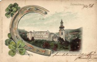 Selmecbánya, Banska Stiavnica; Óvár, kiadó Ernst Zsigmond üzlete. Szerencsepatkó díszítés / lucky horseshoe, clovers (fa)
