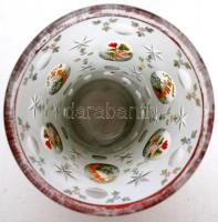 cca 1860 Emlékpohár, formába fúvott üveg, kétrétegű, hámozott, csiszolt,  zománc festett, kopott  ar...