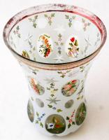 cca 1860 Emlékpohár, formába fúvott üveg, kétrétegű, hámozott, csiszolt,  zománc festett, kopott  ar...