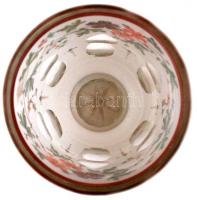 cca 1860 Emlékpohár, formába fúvott üveg, kétrétegű, hámozott, csiszolt,  zománc festett, aranyozott...