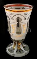 cca 1860 Emlékpohár, formába fúvott üveg, kétrétegű, hámozott, csiszolt, festett, aranyozott peremmel, m:16cm /circa 1860 Memorial Cup, mold blown glass, double-layer peeled, sanded, painted and gilded rim, m: 16cm
