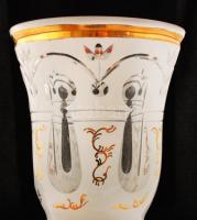 cca 1860 Emlékpohár, formába fúvott üveg, kétrétegű, hámozott, csiszolt,  festett, aranyozott peremm...