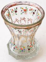 cca 1860 Emlékpohár, formába fúvott üveg, csiszolt, zománc festett, kopott aranyozott peremmel, m:13...