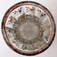 cca 1860 Emlékpohár, formába fúvott üveg, csiszolt, zománc festett, kopott aranyozott peremmel, m:13...