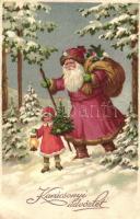 Karácsonyi Üdvözlet Mikulás / Christmas greeting card, Saint Nicholas, litho (EB)