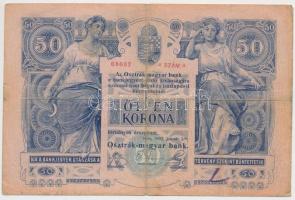 1902. 50K felülbélyegzés nélkül T:III,III- fo., szakadás, firka / Hungary 1902. 50 Korona without overprint C:F,VG spotted, tear, writing Adamo K23