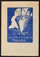 AS jelzéssel: hajókirándulás Tahiba. Linómetszet üdvözlőlap. Linómetszet, papír, jelzett a linón
