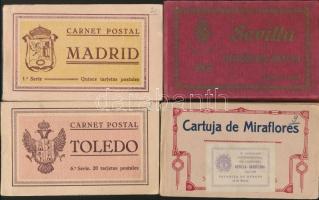 4 db RÉGI spanyol városképes képeslap füzet és leporello füzet, összesen 85 lappal; Madrid, Sevilla, Toledo, Miraflores / 4 pre-1945 Spanish town-view postcard booklet and leporello with 85 postcards