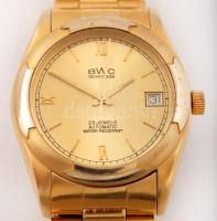 cca 2000 BWC-Swiss 25 köves automata vízálló karóra, naptárral, arany színű számlappal, hátul láthat...