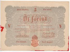 1848. 5Ft Kossuth bankó vörösesbarna, piros tintafolttal (érvénytelenítés?) T:III szép papír! /  Hungary 1848. 5 Forint reddish brown, with red ink spot (cancellation?) C:F nice paper! Adamo G109