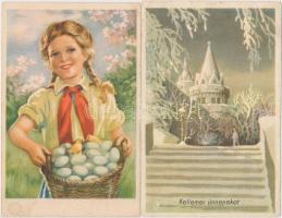 10 db MODERN 1950-es évekbeli magyar képeslapok, főként üdvözlő és motívumos lapok / 10 modern 1950&...