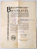 1945 Birtoklevél Padár községbeli Pillik Ödön nevére, papír, pecséttel, aláírással.