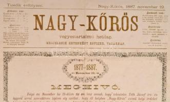 1887 Nagykőrös, Nagy-Kőrös vegyes tartalmú hetilap nagyméretű meghívóplakát, szakadt, 48x31 cm