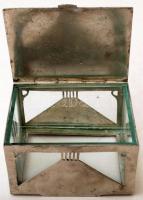Argentor art-deco doboz üveg betéttel, jelzett, jó állapotban, 10×12,5 cm, m:7 cm/ Art deco metal-gl...
