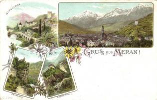 Meran, Merano; Gilfanlage, Zenoburg, Schloss Tirol, floral, litho (EK)