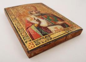 cca 1850 Ismeretlen orosz ikon festő: Szent Miklós, tojás tempera, fa tábla, javított, kopott, jelzé...