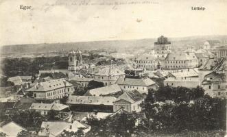 Eger, látkép a kis zsinagógával. Kiadja Özv. Wahl Adolfné 23. sz. 1915.