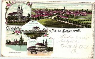 Sasvár, Sastín, Mária Sasvár; Vasútállomás, templomok, látkép / railway station, churches, general view, floral, litho (b)