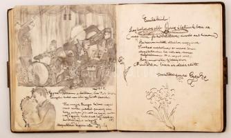cca 1926 Régi emlékkönyv érdekes bejegyzésekkel, néhány rajzzal, litho matricácal